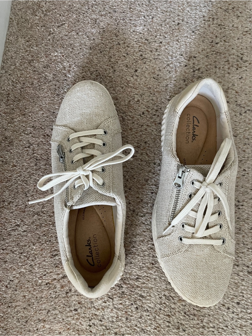 Clarks Women's Beige Canvas Lace-Up Sneakers with Side Zipper